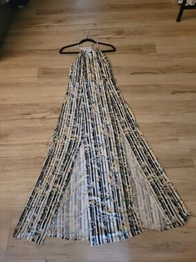 Candie's Black & Cream Striped Floral Halter Maxi Dress With Pleats